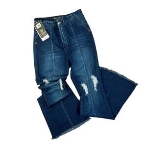 Clovix Jeans Dama WMNS Blue Tummy Control Distressed Raw Hem Wide Leg SZ US 10